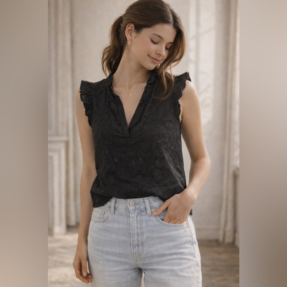 LOFT Petite Black Eyelet Lace Ruffle Top XS